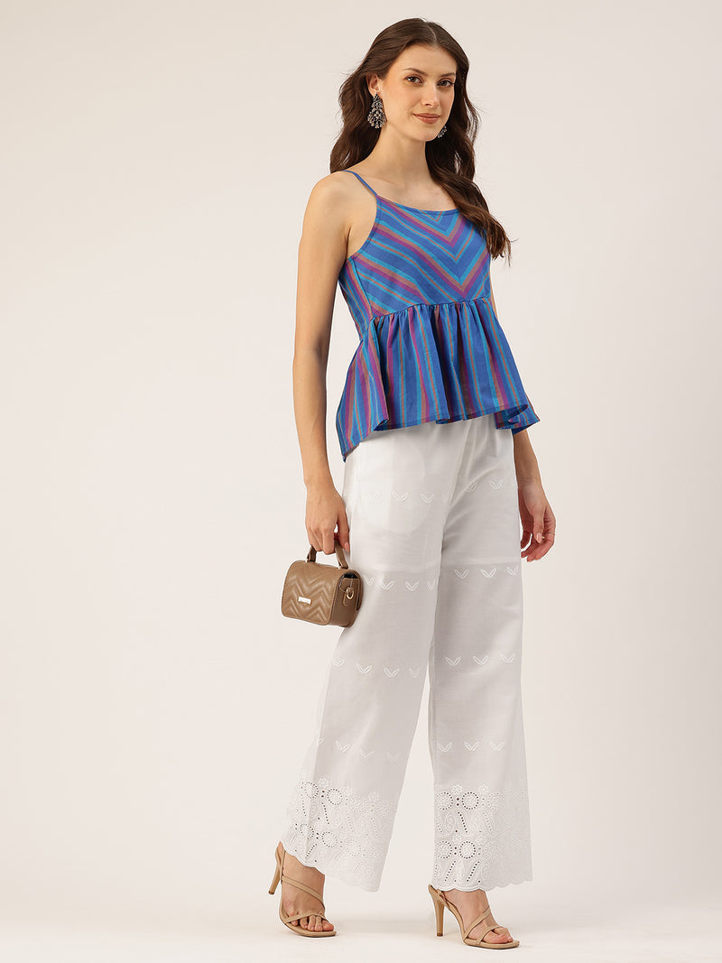 White Embroidered Palazzos–Fully Lined, Elastic Waist & Ankle-Length with Side Pocket