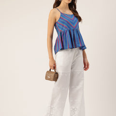 White Embroidered Palazzos–Fully Lined, Elastic Waist & Ankle-Length with Side Pocket