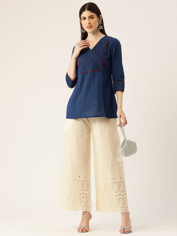 Beige Palazzos | Embroidered Elegnace With Elastic Waist & Single Pocket