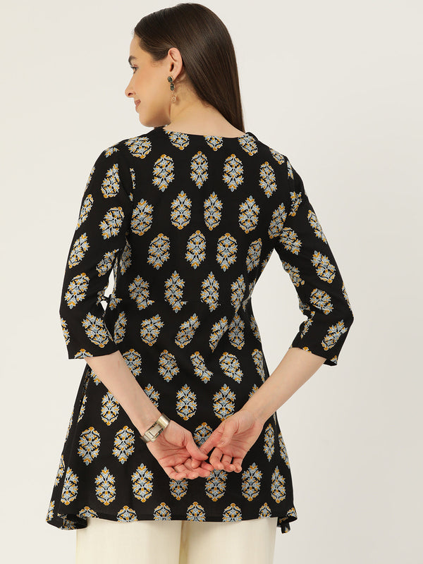 Floral Print Angrakha 3\4 Sleeves Flared Kurti