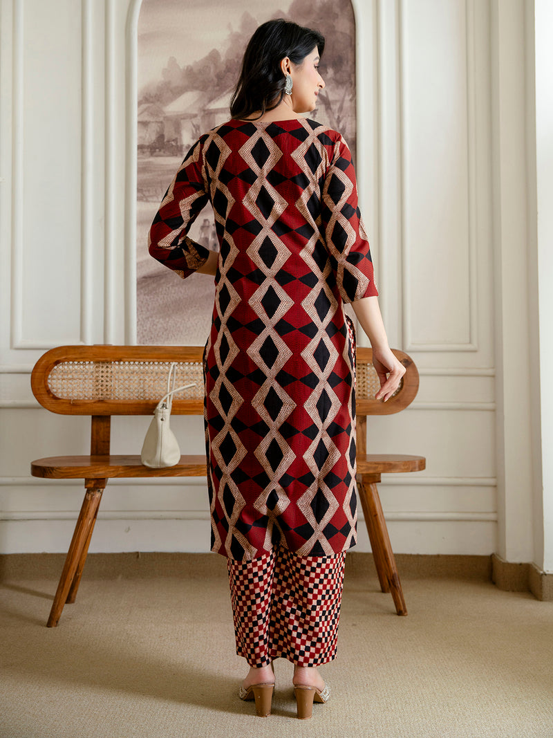 Bordered V-Neck 3-Piece Kurta Set with Ankle-Length Pants & Full-Length Dupatta (M–XXL)