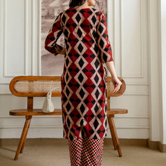 Bordered V-Neck 3-Piece Kurta Set with Ankle-Length Pants & Full-Length Dupatta (M–XXL)