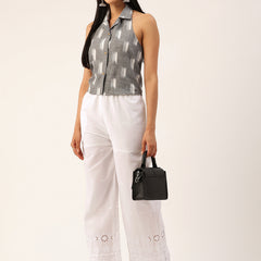 White Embroidered Palazzos–Fully Lined, Elastic Waist & Ankle-Length with Side Pocket