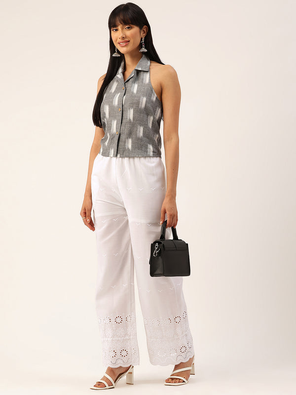 White Embroidered Palazzos–Fully Lined, Elastic Waist & Ankle-Length with Side Pocket