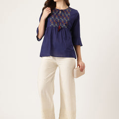 Beige Beige Palazzo|Embroidered, Flax Cotton, Sequin Detail, Ankle-Length, Single Pocket