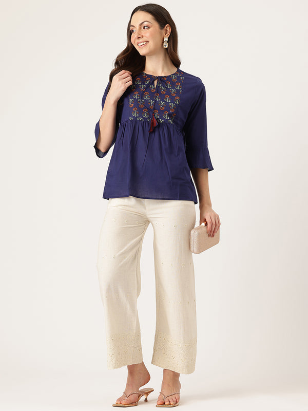 Beige Beige Palazzo|Embroidered, Flax Cotton, Sequin Detail, Ankle-Length, Single Pocket