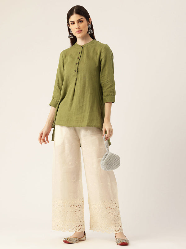 Beige Palazzos | Embroidered Elegnace With Elastic Waist & Single Pocket