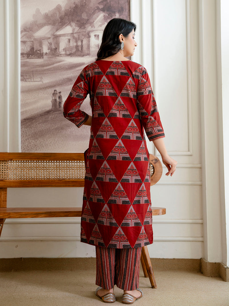 Bordered V-Neck 3-Piece Kurta Set with Ankle-Length Pants & Full-Length Dupatta (M–XXL)