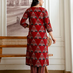 Bordered V-Neck 3-Piece Kurta Set with Ankle-Length Pants & Full-Length Dupatta (M–XXL)