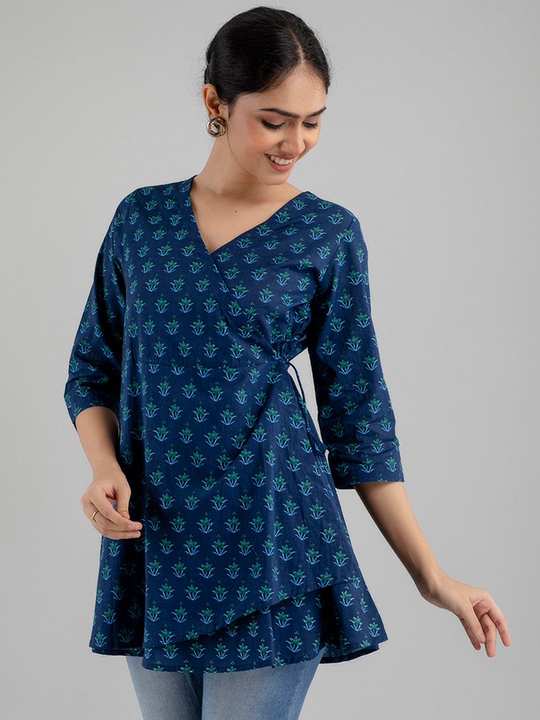 Floral Printed V-Neck Pure Cotton Angrakha A-Line Kurti FRKT6174