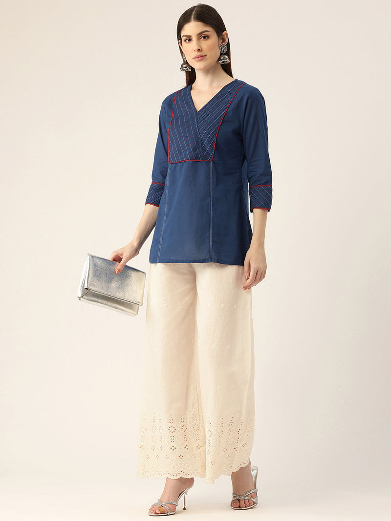 Beige Palazzos | Embroidered Elegnace With Elastic Waist & Single Pocket