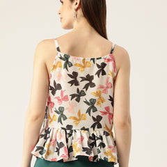 Cropped Sleeveless strap Peplum top with digital print on linen fabric.| Size- Small| Colour - White, Black, Grey, Yellow