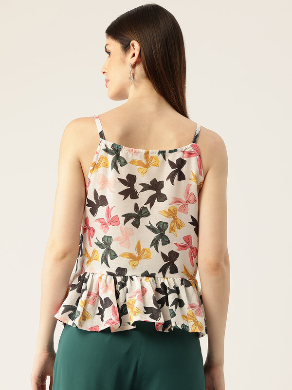 Cropped Sleeveless strap Peplum top with digital print on linen fabric.| Size- Small| Colour - White, Black, Grey, Yellow