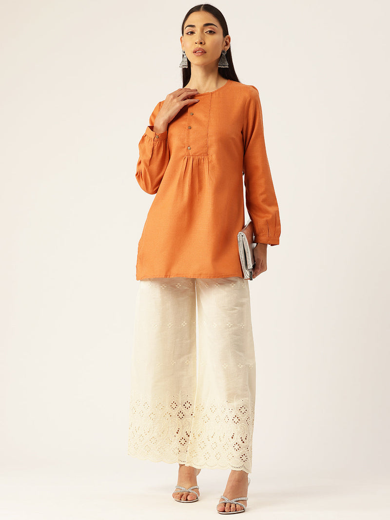 Beige Palazzos | Embroidered Elegnace With Elastic Waist & Single Pocket