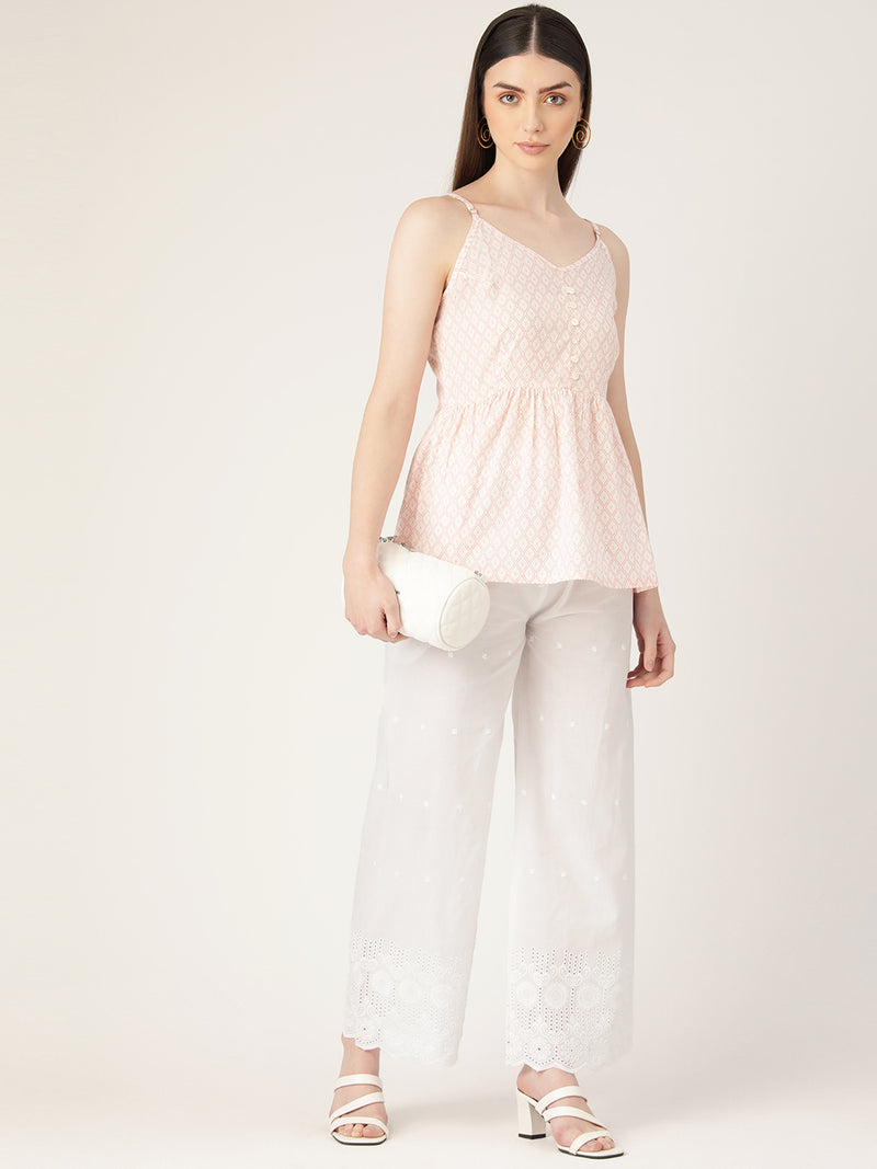 White White Embroidered Cotton Palazzos–Elastic Waist & Ankle-Length with Side Pocket