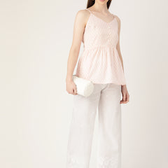 White White Embroidered Cotton Palazzos–Elastic Waist & Ankle-Length with Side Pocket