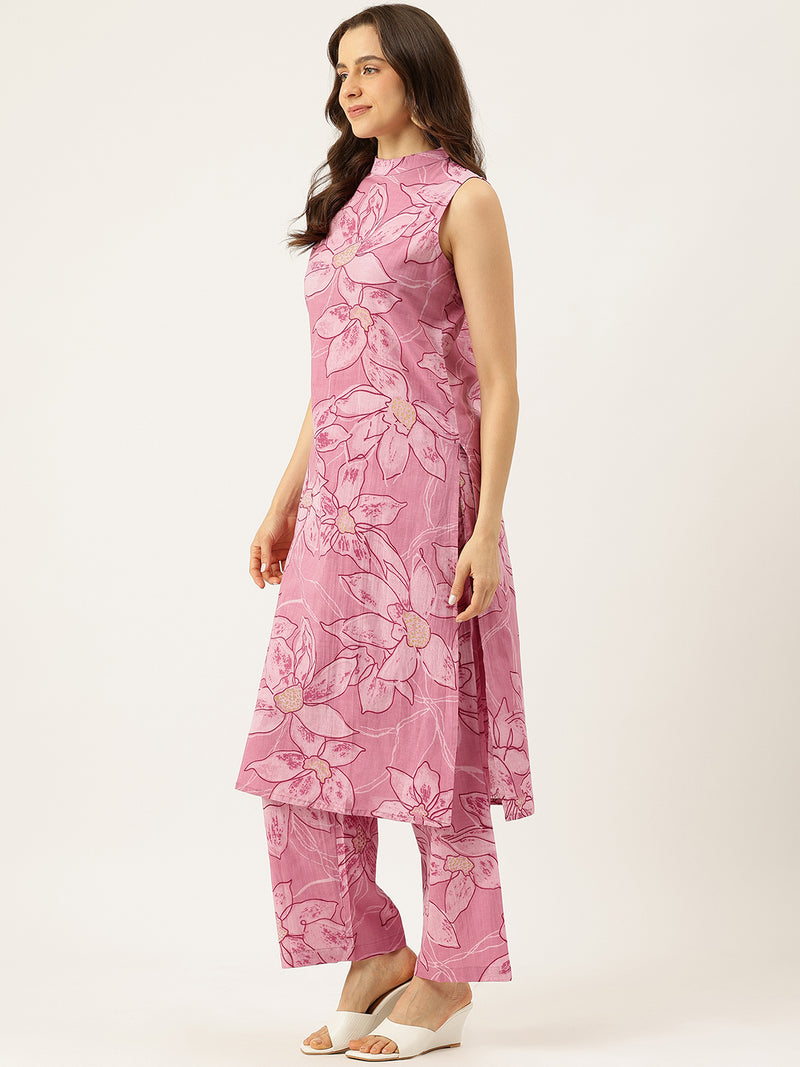 Floral Sleeveless Cotton Co-Ord Set with Choker Neckline – Pure Cotton | Sizes S–XXL