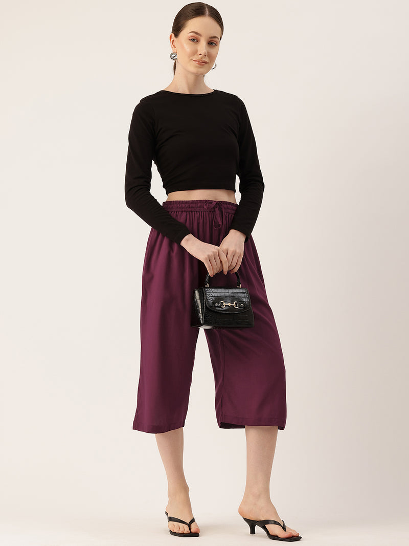Women's Culottes | Calf-Length Pants with Double Pockets & Elastic Waistband