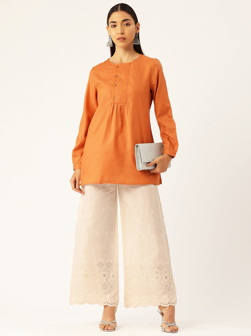 Beige Palazzos | Embroidered Elegnace With Elastic Waist & Single Pocket