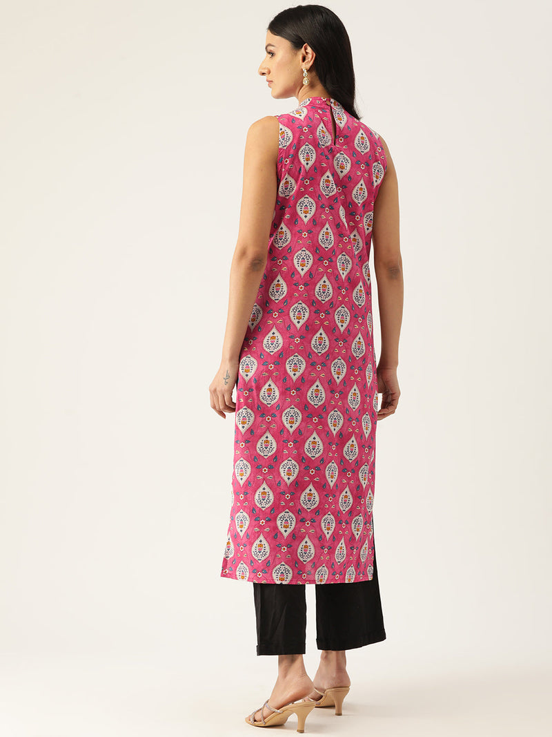 Cotton Printed Sleeveless Straight Long Kurti