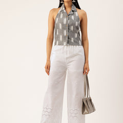 White Embroidered Palazzos–Fully Lined, Elastic Waist & Ankle-Length with Side Pocket