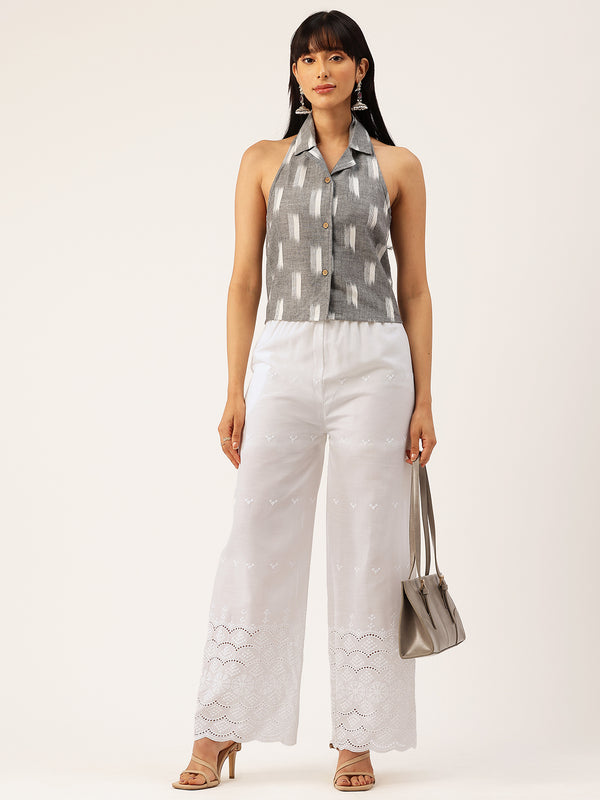 White Embroidered Palazzos–Fully Lined, Elastic Waist & Ankle-Length with Side Pocket