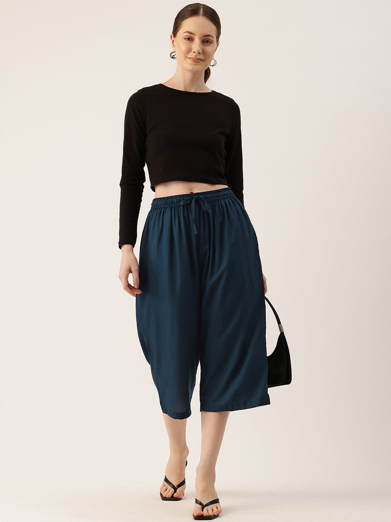 Women's Culottes | Calf-Length Pants with Double Pockets & Elastic Waistband