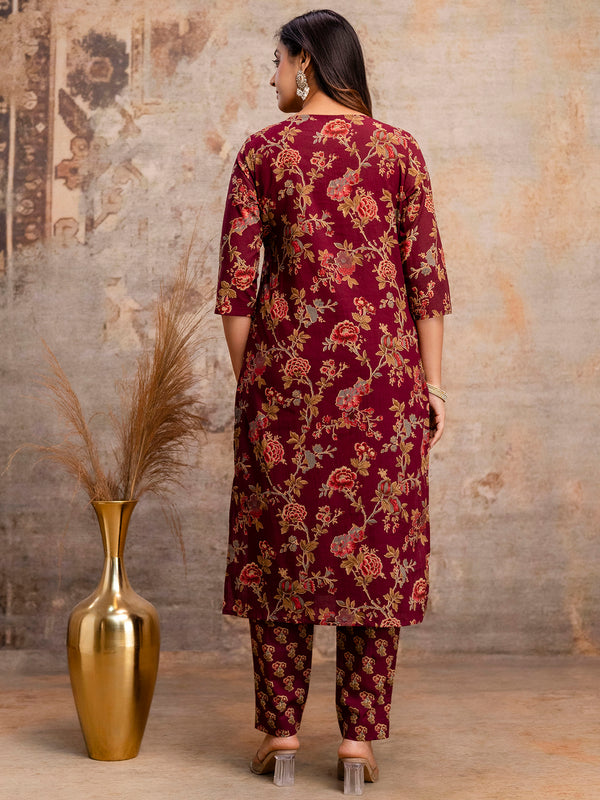Pure Cotton Marron Printed 3-Piece Kurta Set with Square Neckline & Dupatta