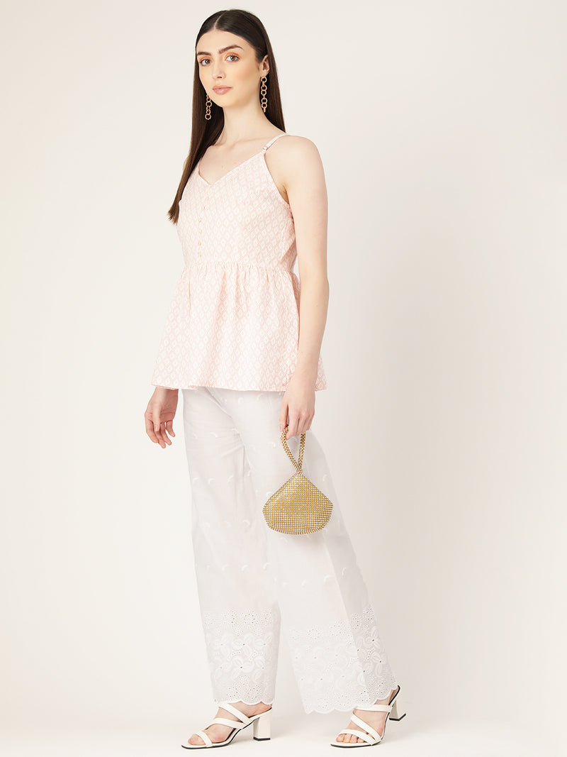 White White Embroidered Cotton Palazzos–Elastic Waist & Ankle-Length with Side Pocket