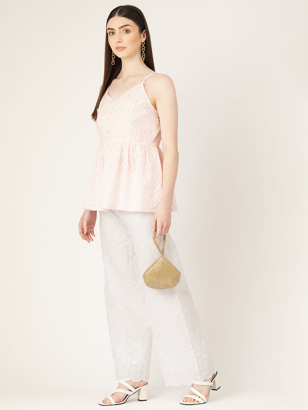 White White Embroidered Cotton Palazzos–Elastic Waist & Ankle-Length with Side Pocket