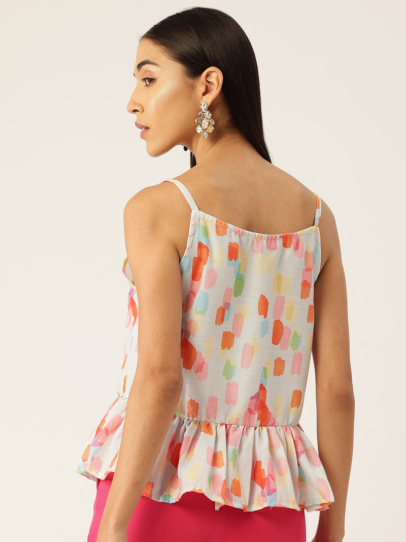 Cropped Sleeveless strap Peplum top with digital print on linen fabric.| Size- Small| Colour - Pink, Red, Aqua