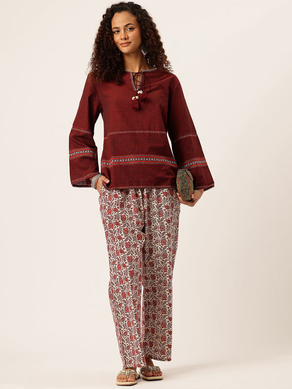 Red Women Pure Cotton Paisley Printed Palazzo Pants | Elastic Waist | Wide Leg