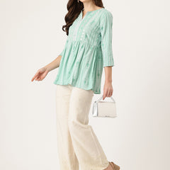 Beige Beige Palazzo|Embroidered, Flax Cotton, Sequin Detail, Ankle-Length, Single Pocket