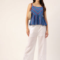 White Embroidered Palazzos–Fully Lined, Elastic Waist & Ankle-Length with Side Pocket