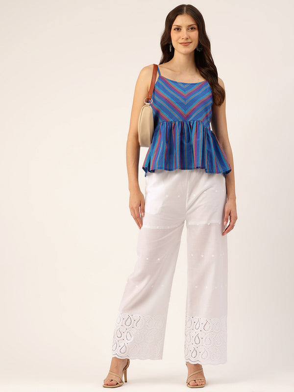 White Embroidered Palazzos–Fully Lined, Elastic Waist & Ankle-Length with Side Pocket