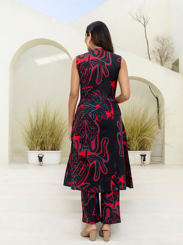 Luxury Mandarin Collar Printed Co-Ord Set with Button Detail A-Line Kurta & Comfort Fit Pants