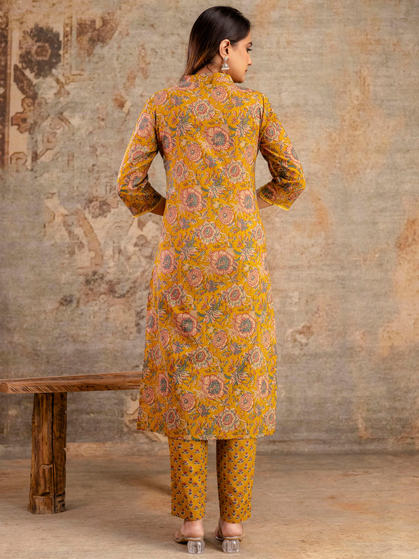 Pure Cotton Mustard Printed 3-Piece Kurta Set with Dupatta