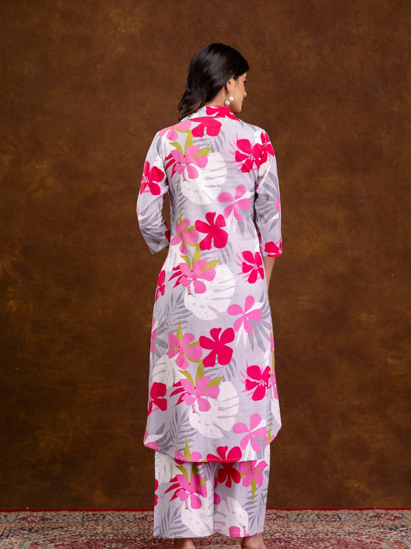 Grey Women’s Co-Ord Set–Printed Collared Kurta with 3/4 Sleeves & Elastic Waist Pants