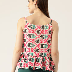 Cropped Sleeveless strap Peplum top with digital print on linen fabric.| Size- Small| Colour - White, Pink, Green