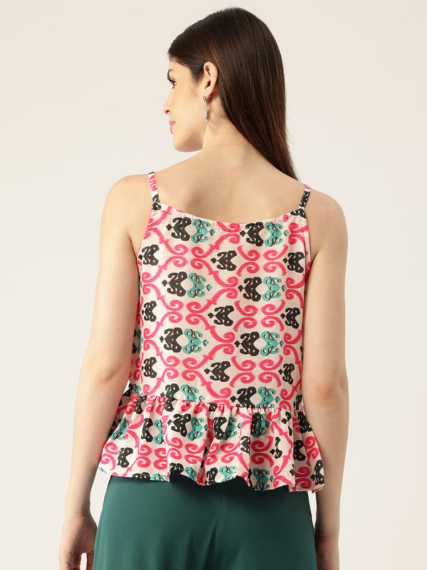 Cropped Sleeveless strap Peplum top with digital print on linen fabric.| Size- Small| Colour - White, Pink, Green