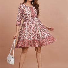 Floral Cotton Flared Dress (S–XXL | 3/4 Sleeves) – Breezy Comfort with Feminine Flow