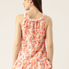 Cropped Sleeveless Elasticated Neck Bottom Flared Top with digital print on linen fabric.  | Size- Small |  Colour - White, Peach