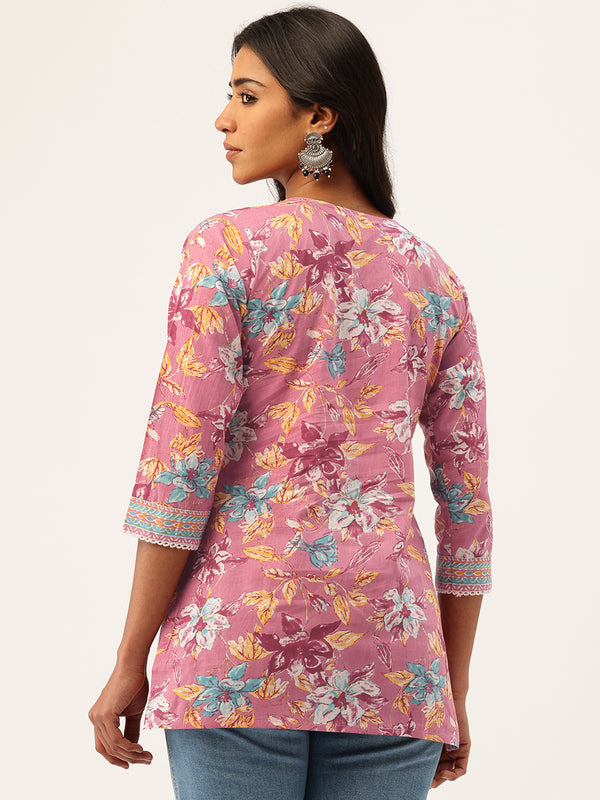 Empress Short Kurti for Women - V-Cut Neckline with Border Detail & 3/4 Sleeves