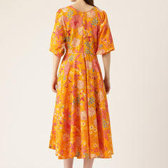 Women's Pure Cotton Floral Printed A-Line Gown with 3/4 Puff Sleeves & V-Neck