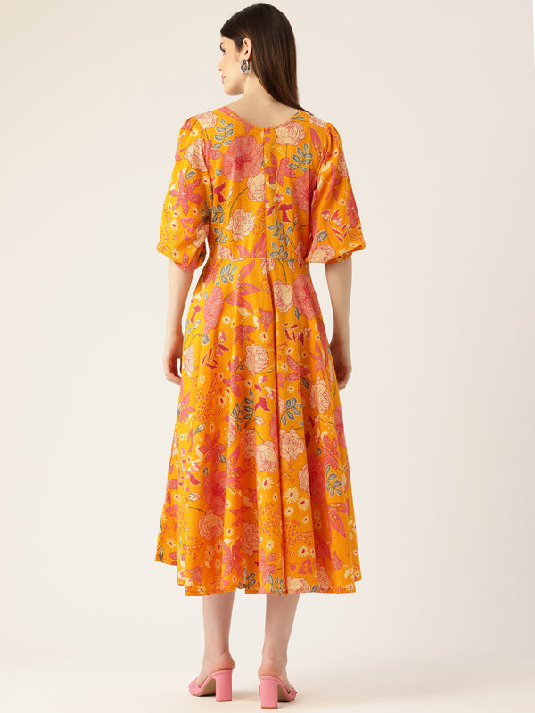 Women's Pure Cotton Floral Printed A-Line Gown with 3/4 Puff Sleeves & V-Neck