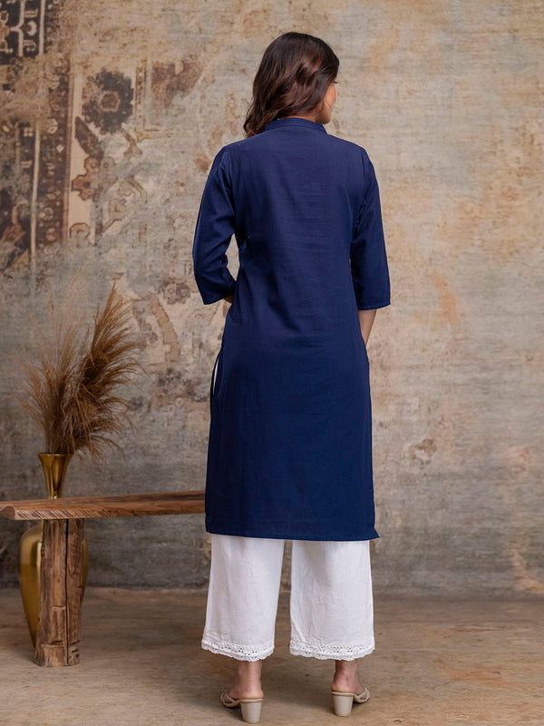 Women’s Solid Long Kurti with Mandarin Collar, 3/4 Sleeves & Pocket | Plain Elegant Cotton Kurta for Daily & Office Wear