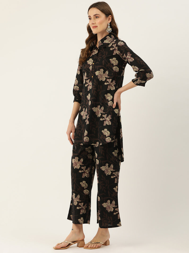 Black Elegant Collared Co-Ord Set with Frill Detail & Elasticated Pants