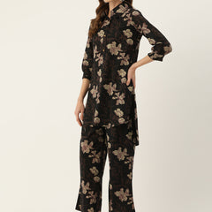 Black Elegant Collared Co-Ord Set with Frill Detail & Elasticated Pants