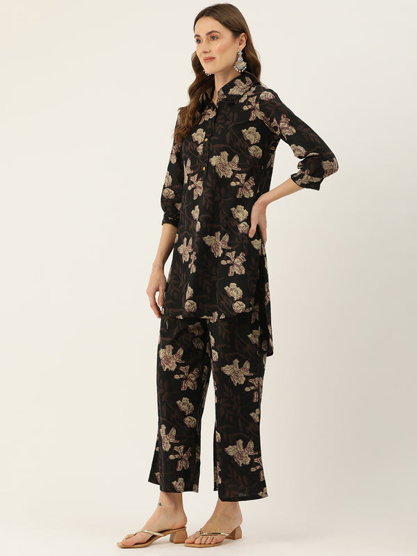 Black Elegant Collared Co-Ord Set with Frill Detail & Elasticated Pants