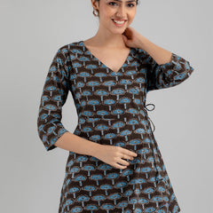 Floral Printed V-Neck Pure Cotton Angrakha A-Line Kurti